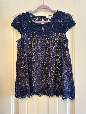 Rose & Olive Navy Lace Cap-Sleeve Blouse